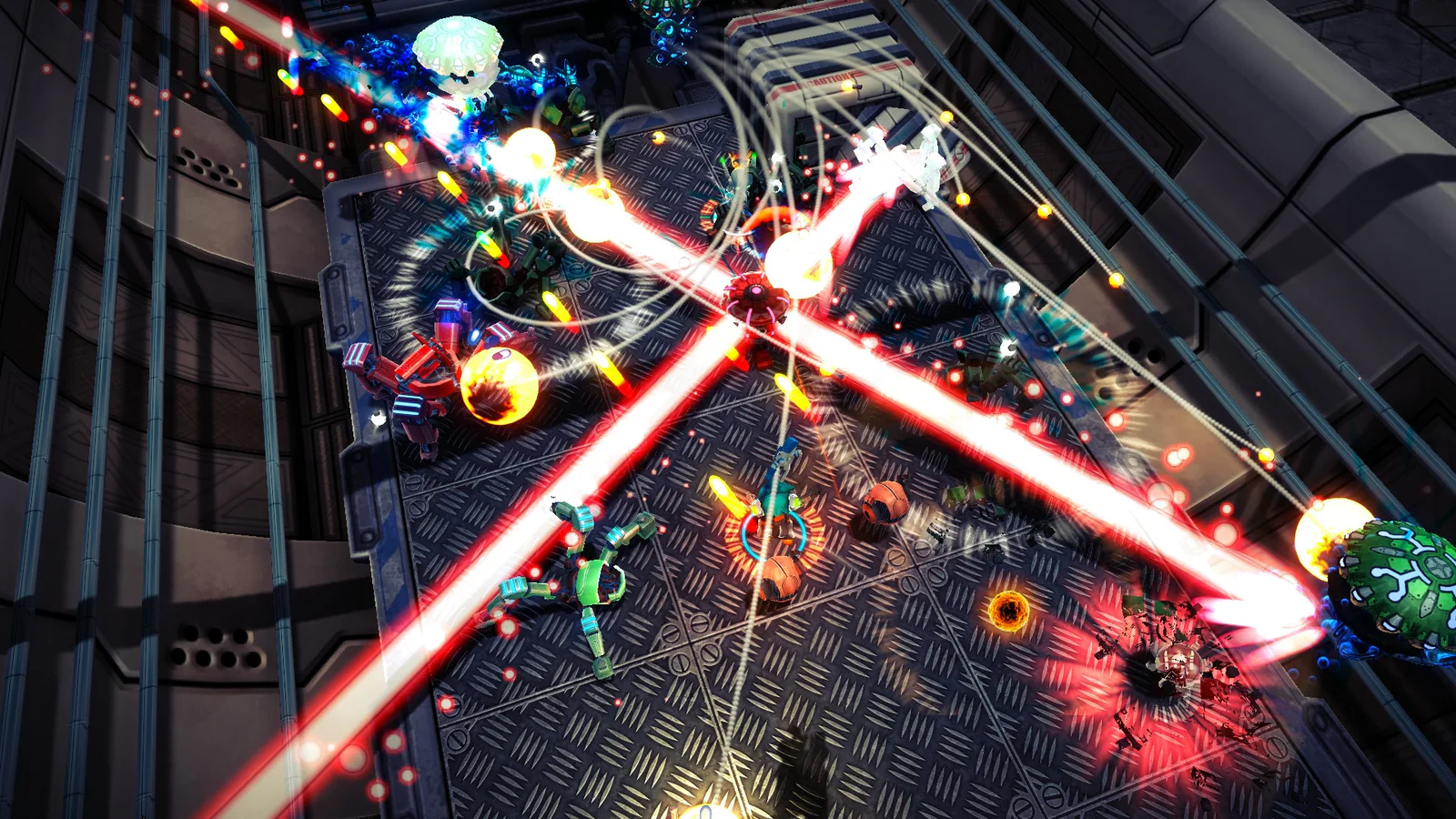 Assault Android Cactus gameplay with androids fighting a dense robot swarm in a brightly lit arena.