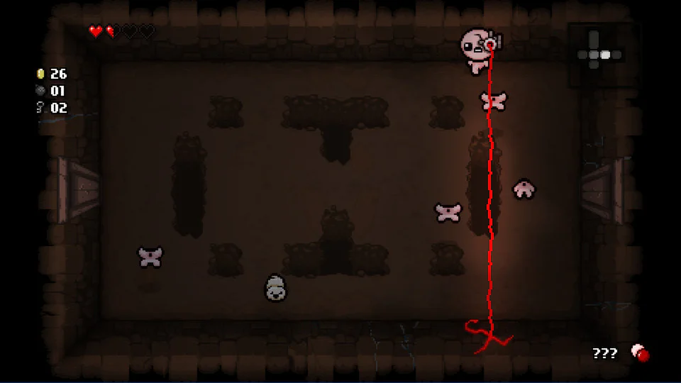 The Binding of Isaac Rebirth gameplay in a basement room filled with enemies, projectiles, and item effects.