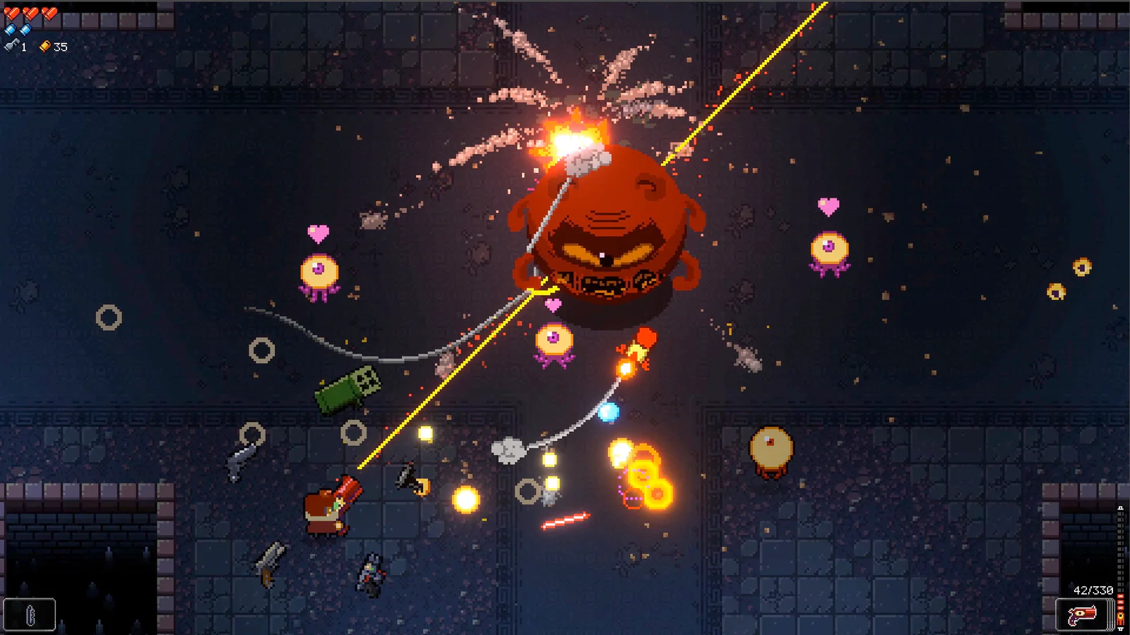 Enter the Gungeon gameplay with the player dodging a room full of bullets and armed enemies.