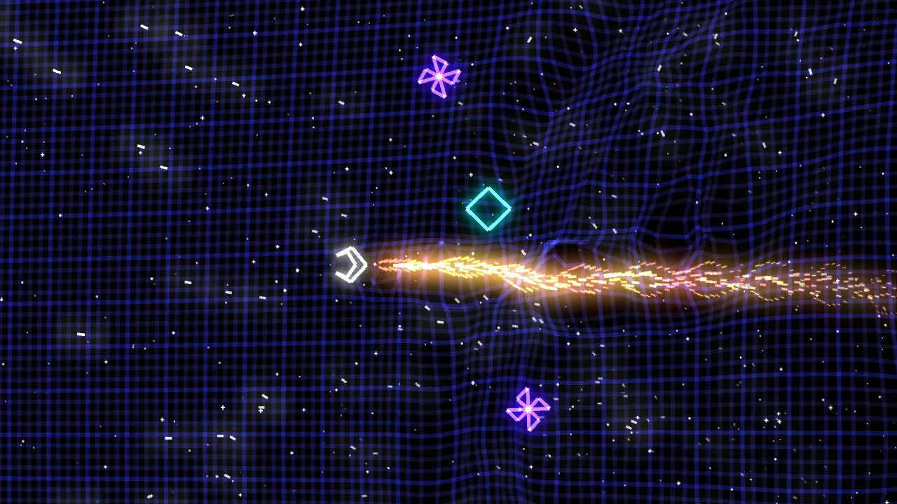 Geometry Wars Retro Evolved gameplay with a small ship firing through a field of neon geometric enemies.