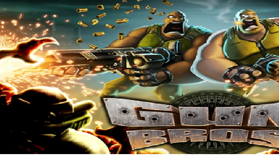 Official Gun Bros key art showing both armored Bros with oversized weapons, enemies, and the game logo.