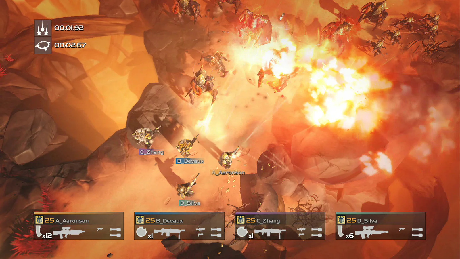 HELLDIVERS Dive Harder Edition gameplay with four soldiers fighting together in a top-down battlefield.