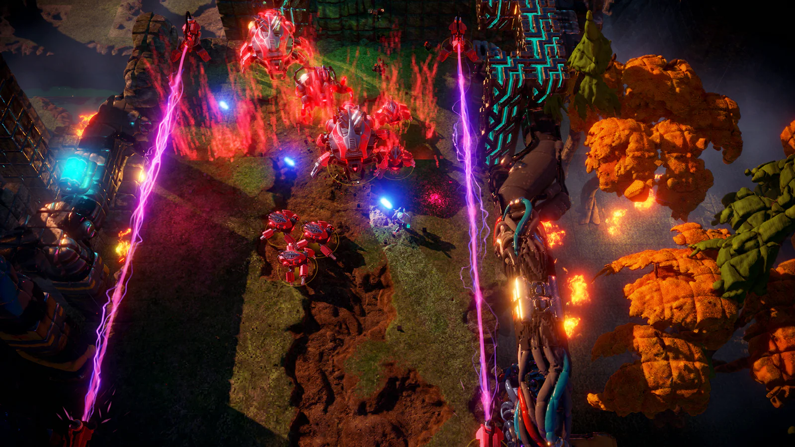 Nex Machina gameplay with the player fighting robots amid bright voxel explosions and rescued humans.