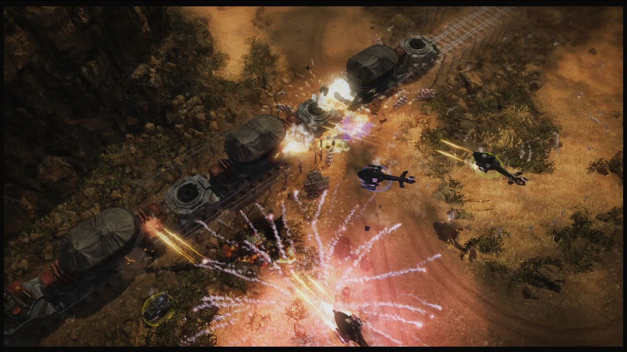 Renegade Ops gameplay with an armed vehicle firing across a destructible battlefield.