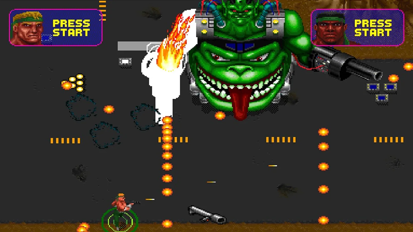 Smash TV gameplay during the Mutoid Man boss fight with two contestants firing through the arena.