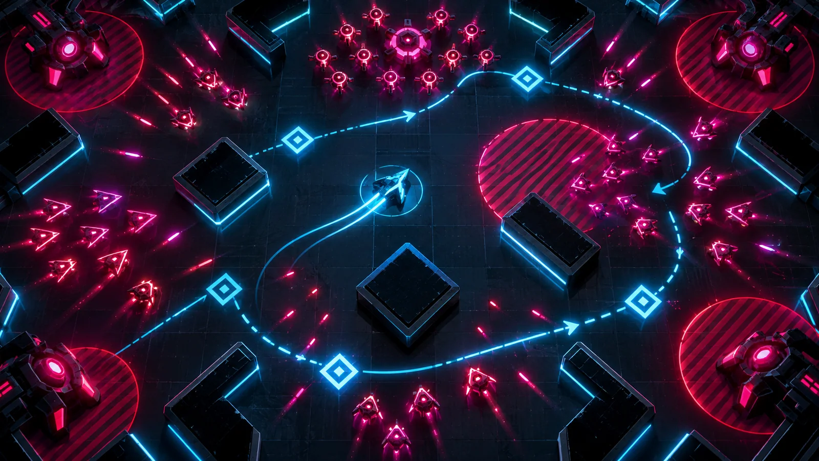 A neon scoring route crosses risk zones