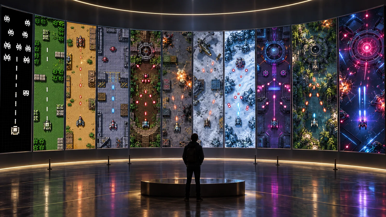 A gallery traces shooters from pixels to modern arenas